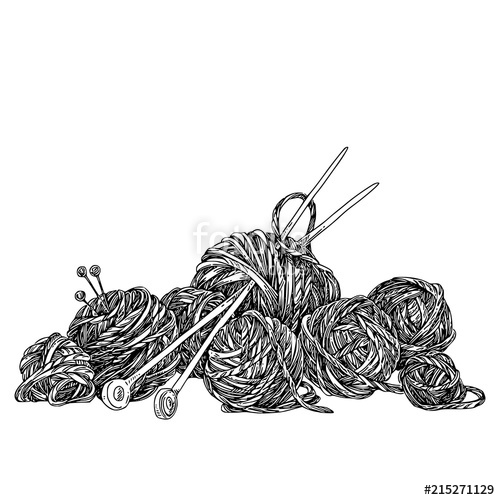 500x500 bunch of balls of yarn and knitting needles sketch engraving - Knitting Needles Drawing