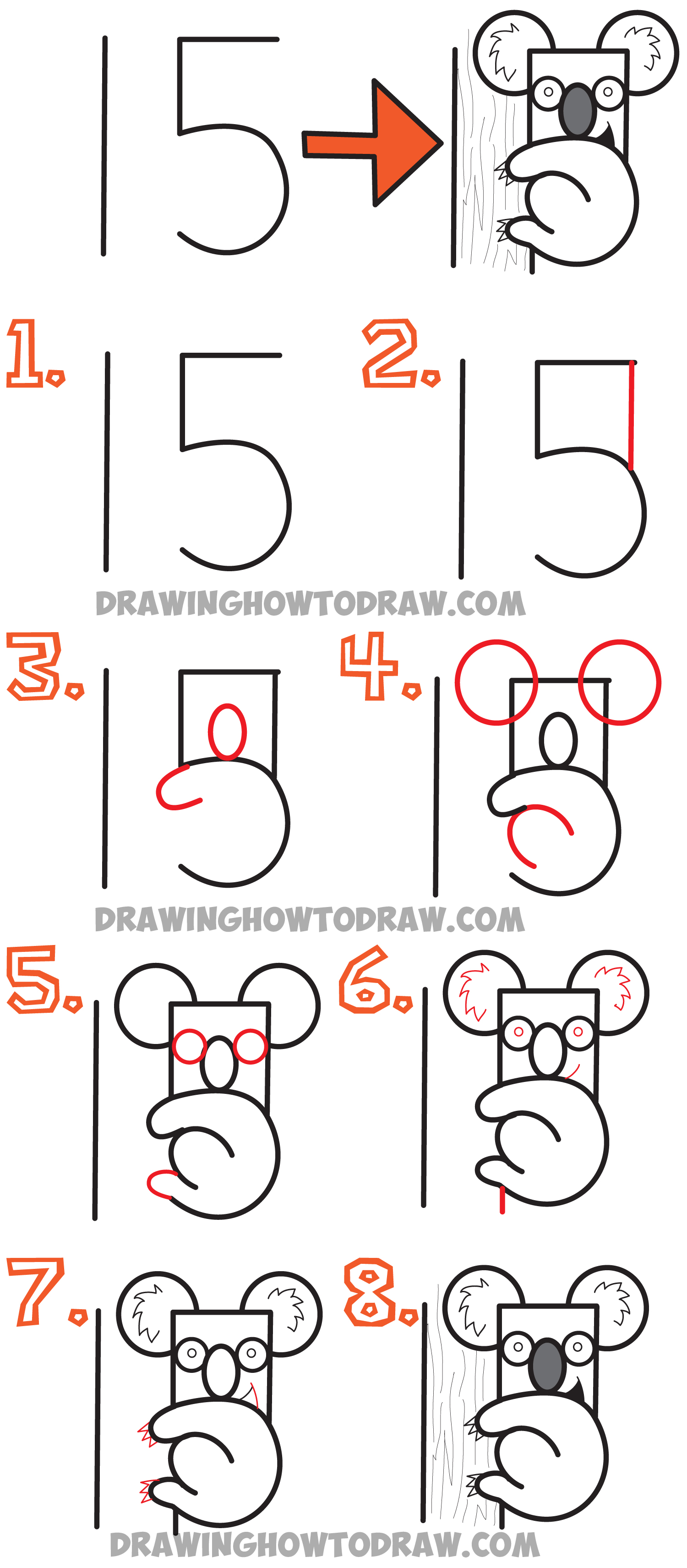 1500x3423 How To Draw A Cartoon Koala Bear From The Number - Koala Drawing Step By Step