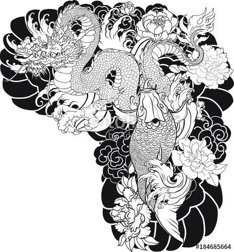 465x500 japanese tattoo design full back body the old dragon and koi carp - Koi Dragon Drawing