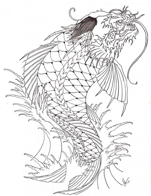 600x779 Koi Fish Dragon Drawing Color - Koi Dragon Drawing