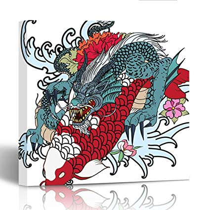 425x425 Emvency Painting Canvas Print Wooden Frame Dragon - Koi Dragon Drawing