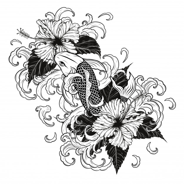 626x626 Koi Fish And Hibiscus Tattoo - Koi Drawing Tattoo