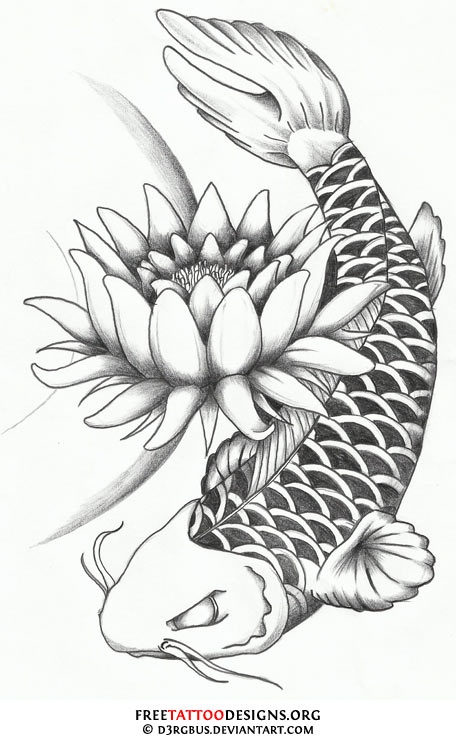 456x740 Lotus Flower And Dragon Koi Fish Tattoo Design - Koi Drawing Tattoo