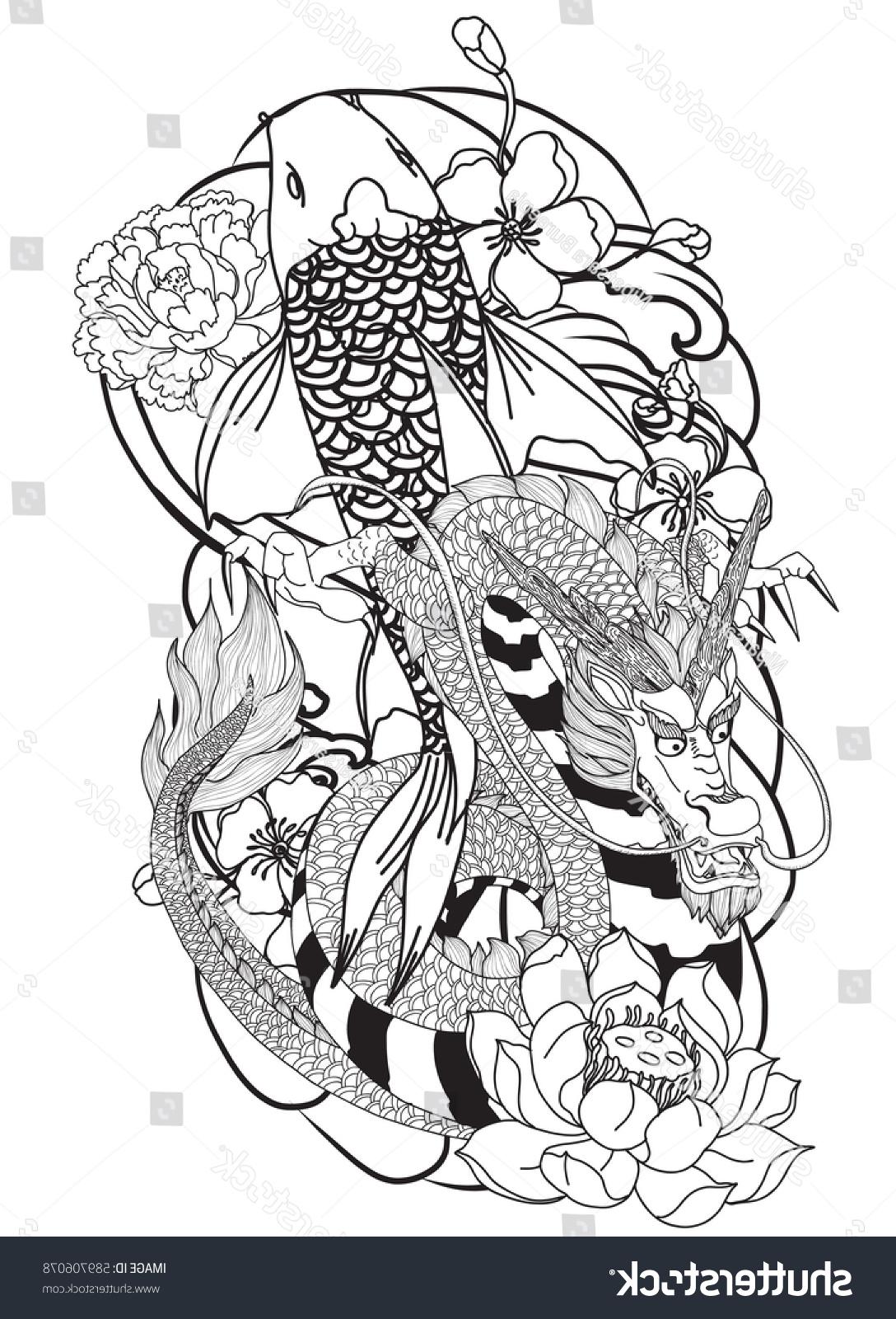 1088x1600 Drawn Koi Fish Dragon - Koi Fish Dragon Drawing
