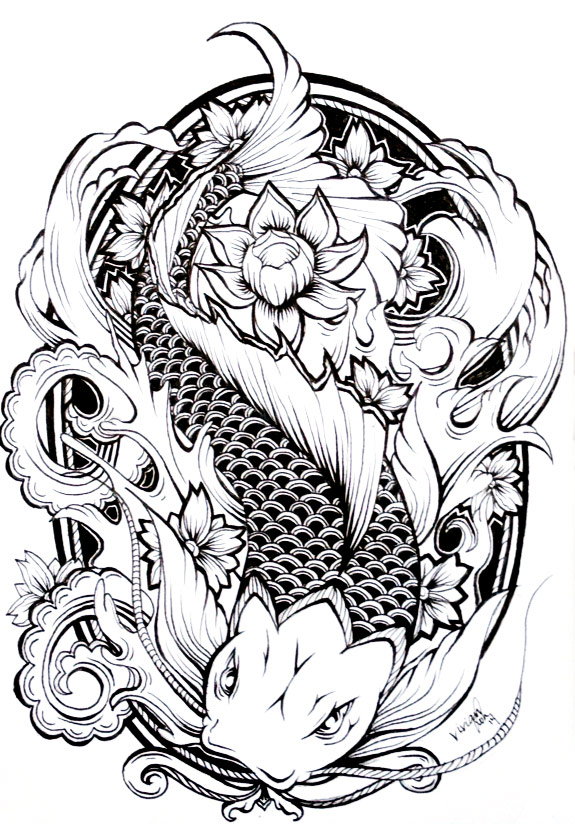 575x824 Drawn Koi Fish Flower - Koi Fish Drawing With Flowers