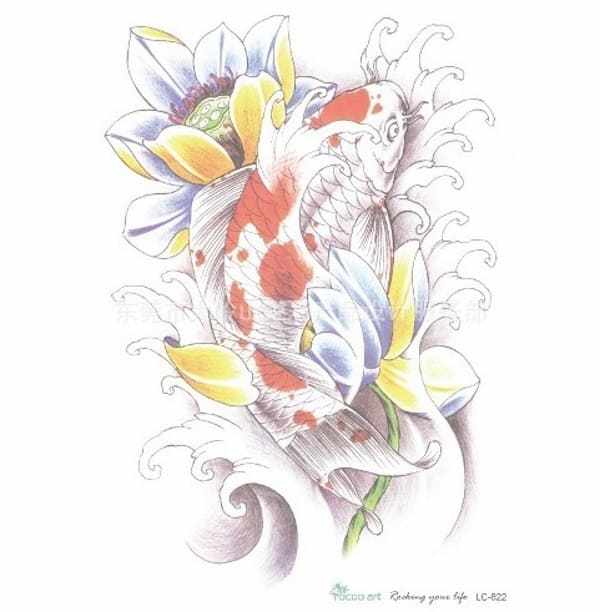600x612 Koi Fish Tattoo Meaning Color, Direction, And More You Need - Koi Fish Drawing With Flowers