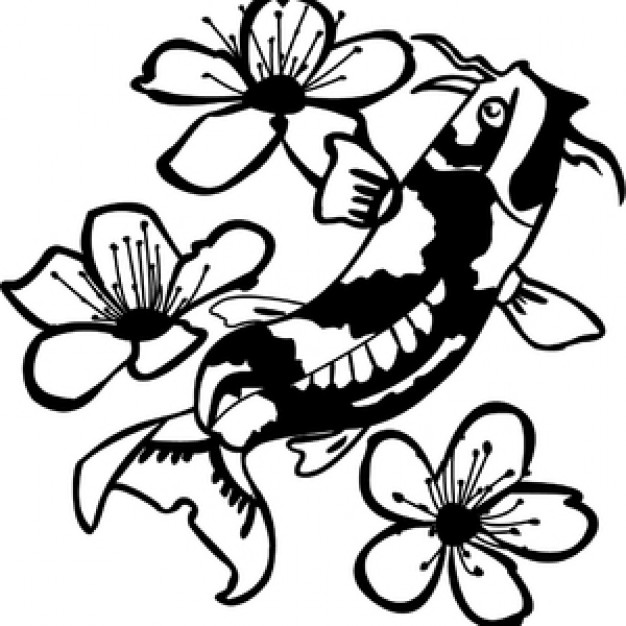 626x626 Koi Fish Among Flowers Vector Free Download - Koi Fish Drawing With Flowers