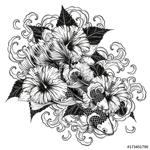 500x500 Koi Fish And Hibiscus Tattoo - Koi Fish Drawing With Flowers