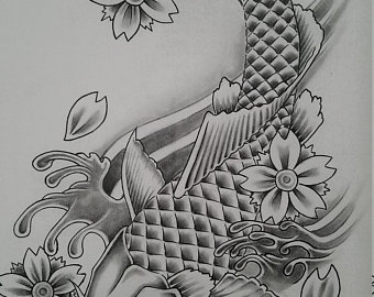 340x270 Koi Fish Sketch Etsy - Koi Fish Drawing With Flowers