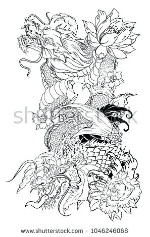 297x470 Cool Black Outline Fish With Lotus Flowers Tattoo Stencil Koi Fish - Koi Fish Drawing With Flowers