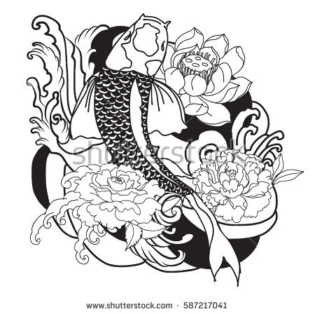 450x448 Tattoo Clip Art Book Stock Vector Hand Drawn Outline Koi Fish - Koi Fish Line Drawing