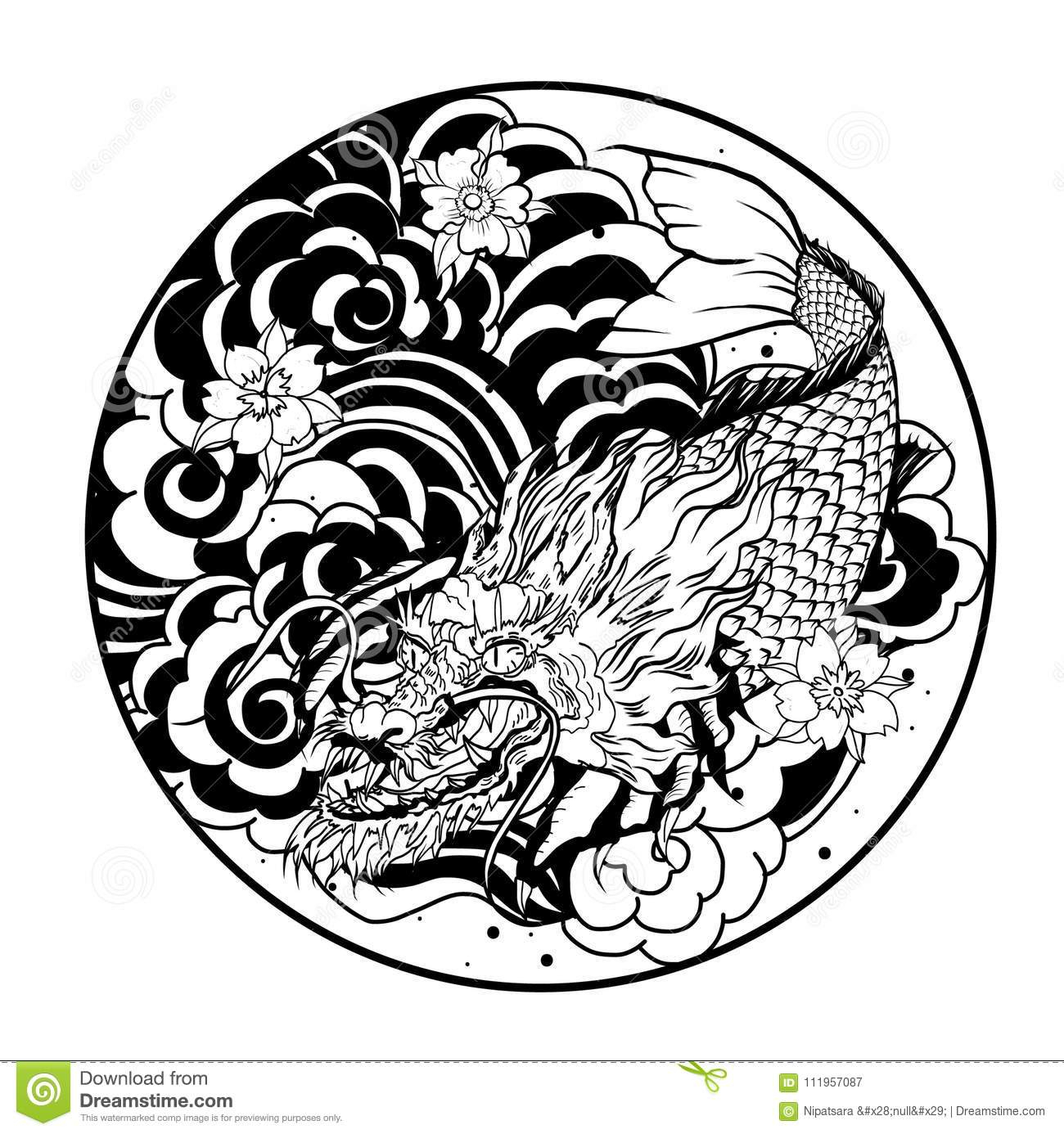 1300x1386 Circle Nature Drawing Hand Drawn Koi Fish In Circle, Japanese Carp - Koi Fish Line Drawing