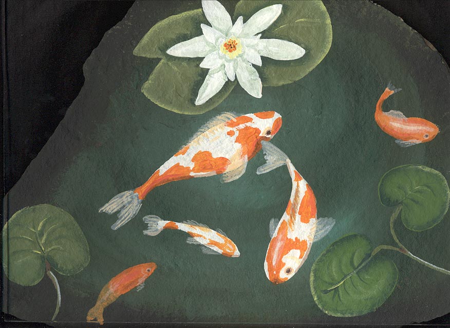 876x638 rock paintings,slates,painted rocks,lee wismer,fish pond,koi pond - Koi Fish Pond Drawing