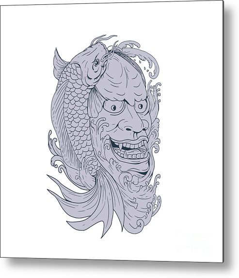 493x572 hannya mask and koi fish drawing metal print - Koi Line Drawing