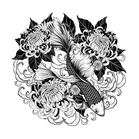 450x450 Koi Fish And Chrysanthemum Tattoo - Koi Line Drawing