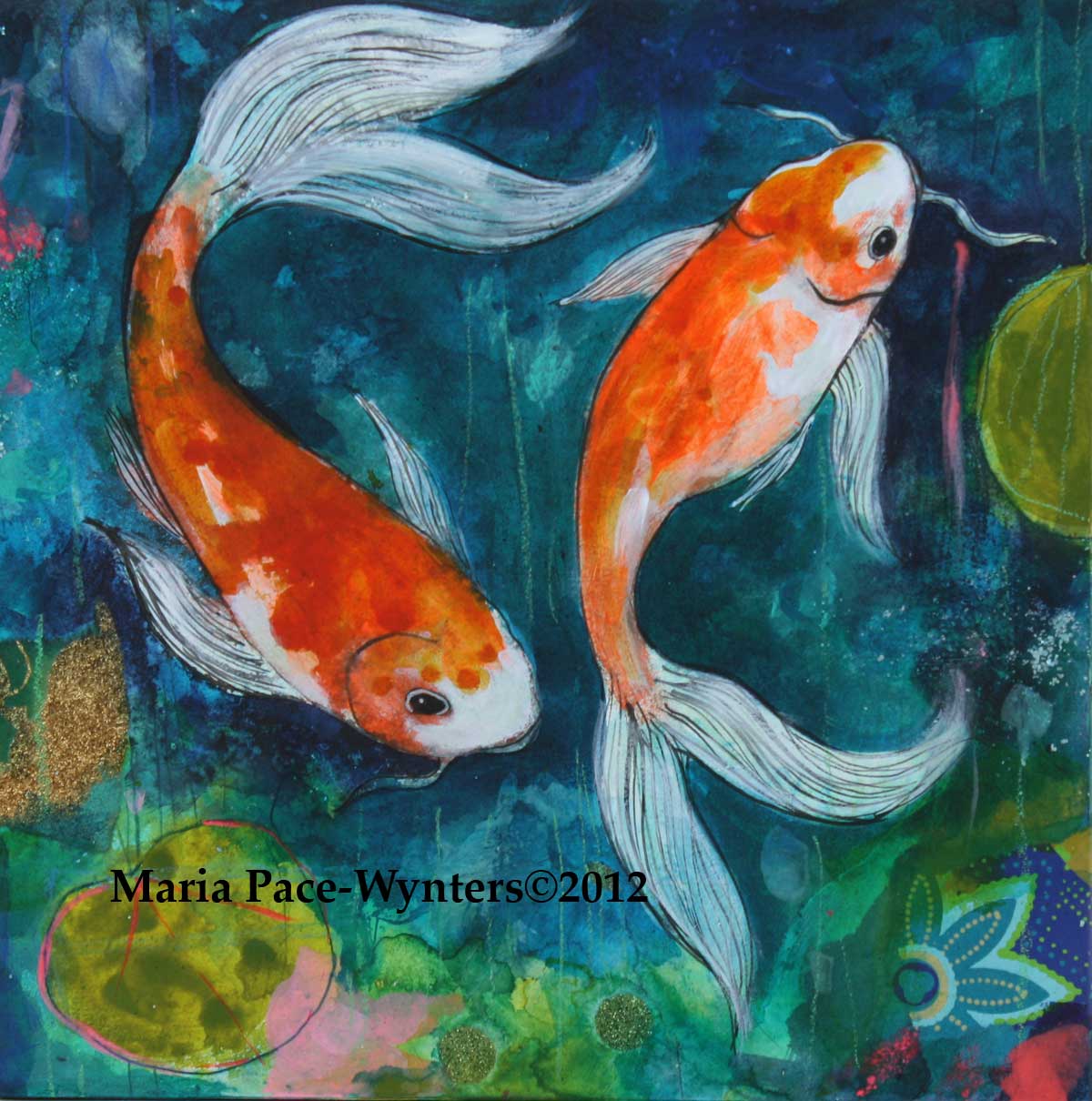 1200x1210 two koi pond maria pace wynters - Koi Pond Drawing