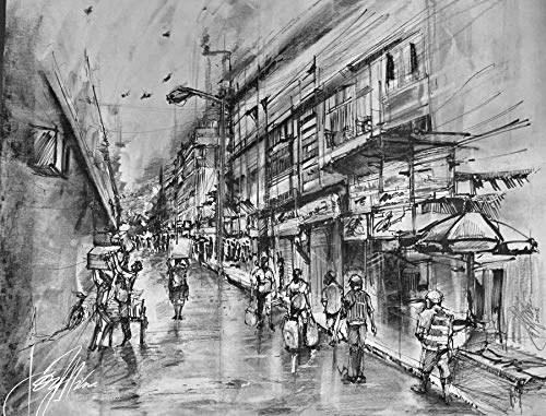 500x381 wet after the rain burrabazaar kolkata in charcoal, pencils - Kolkata Drawing