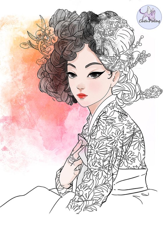 570x787 Digital Stamp Korean Girl Hair Etsy - Korean Girl Drawing