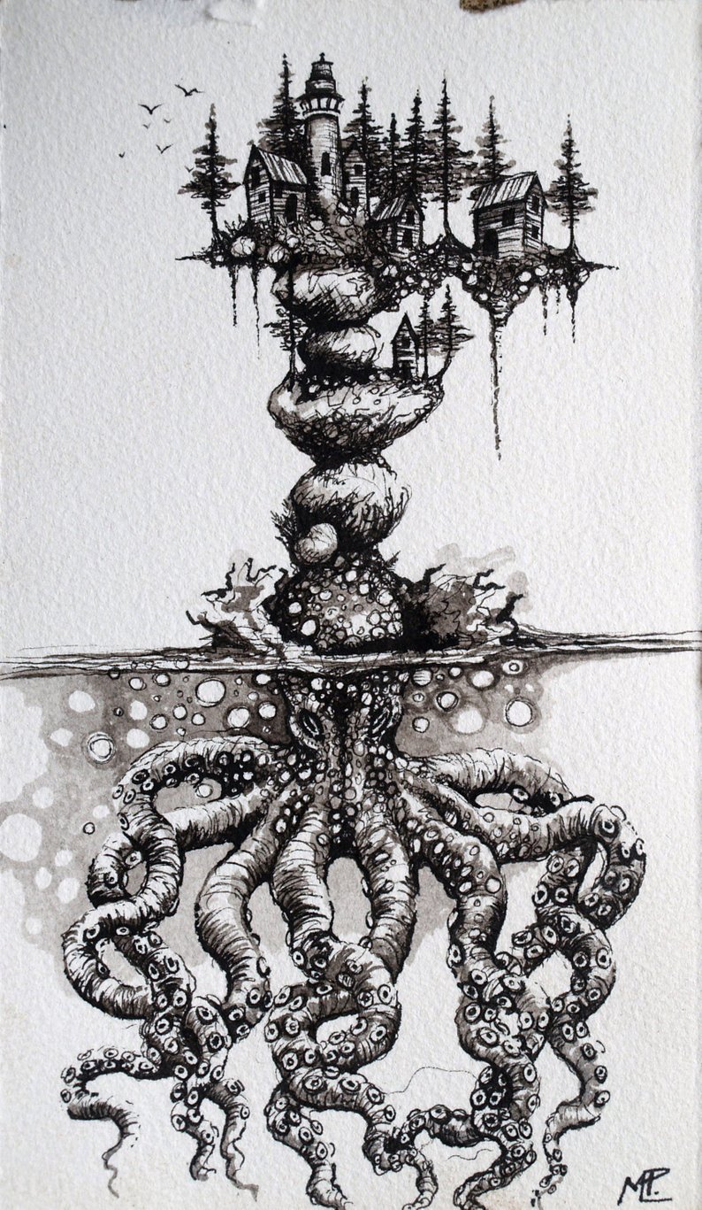 794x1367 Octopus Illustration Pen And Ink Fantasy Drawing City Etsy - Kraken Drawing