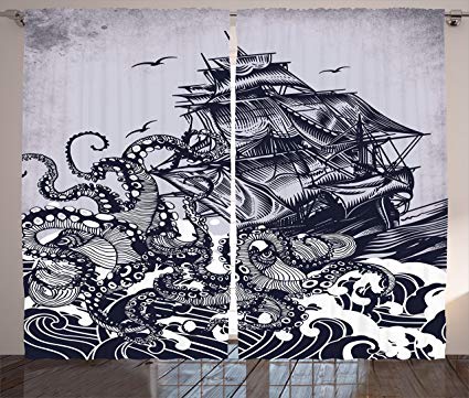 425x361 Ambesonne Nautical Curtains Decor, Sail Boat Waves - Kraken Drawing