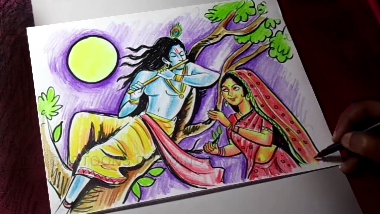1280x720 How To Draw Lord Radha And Krishna Color Drawing - Krishna Drawing