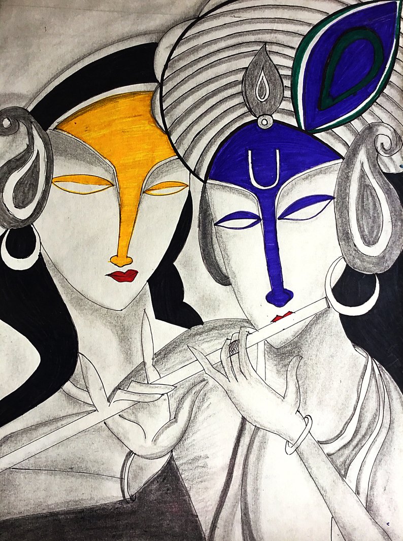 794x1066 God Radhe Krishna Drawing Etsy - Krishna Drawing