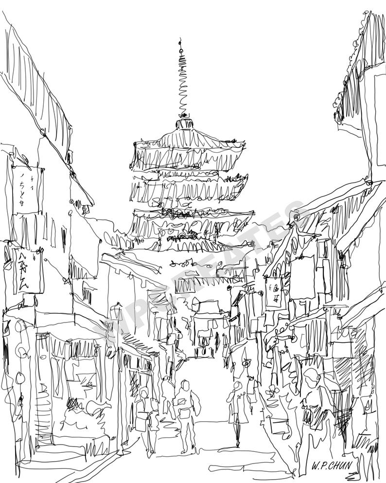 794x993 japan kyoto ink drawing printable art etsy - Kyoto Drawing