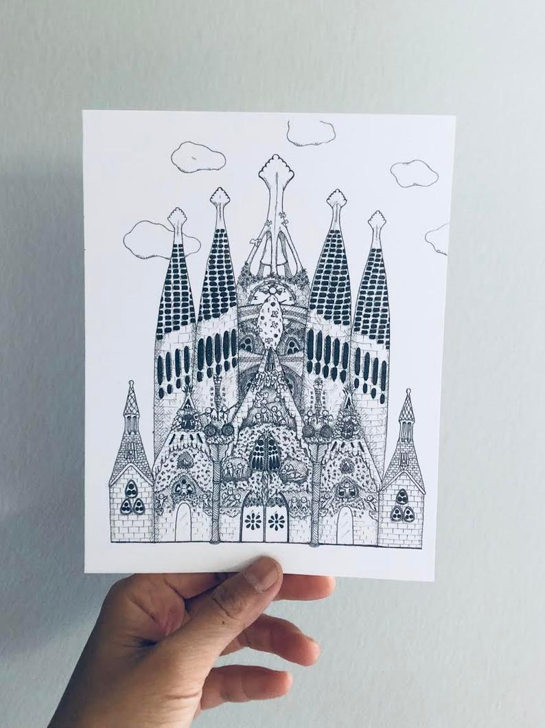 794x1059 barcelona la sagrada familia and angels etsy - La Sagrada Familia Drawing
