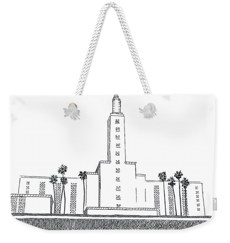 800x845 los angeles lds temple ink drawing weekender tote bag for sale - La Skyline Drawing