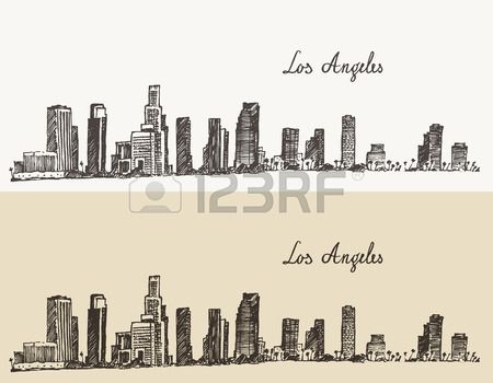 450x350 Los Angeles Skyline California Vintage Engraved Illustration - La Skyline Drawing