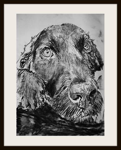 390x480 Black Labrador Charcoal Art Print Monochrome Black And White Lab - Lab Dog Drawing