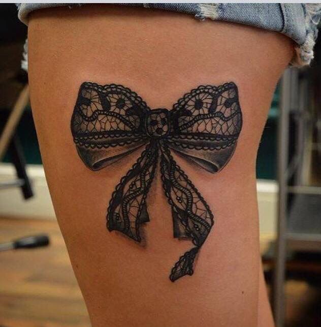 632x643 black bow with lace tattoo on thigh - Lace Bow Drawing