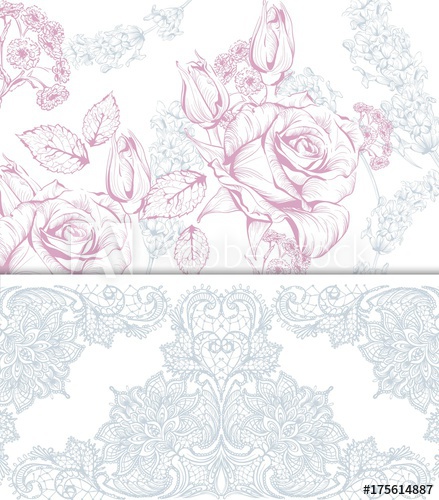 439x500 vintage rose flowers and lace card vector line art beautiful - Lace Line Drawing