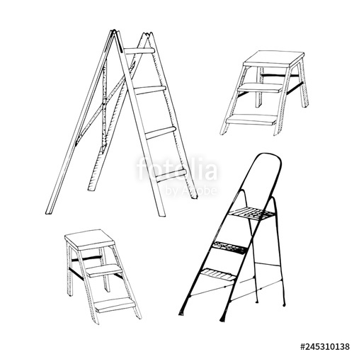 500x500 Set Of Drawn Stepladders, Vector Sketch Of Stepladder Stairs, Step - Ladder Line Drawing