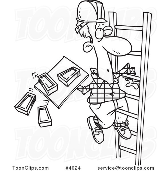 581x600 Cartoon Black And White Line Drawing Of A Mason Carrying Bricks - Ladder Line Drawing