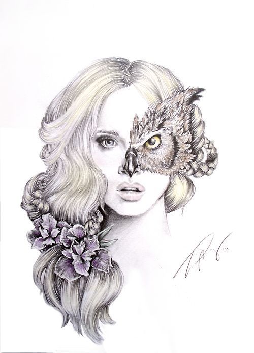500x693 Tattoo Ideas, Sketch, Owl Woman, Spirit Animal, Illustration, Owl - Lady Drawing