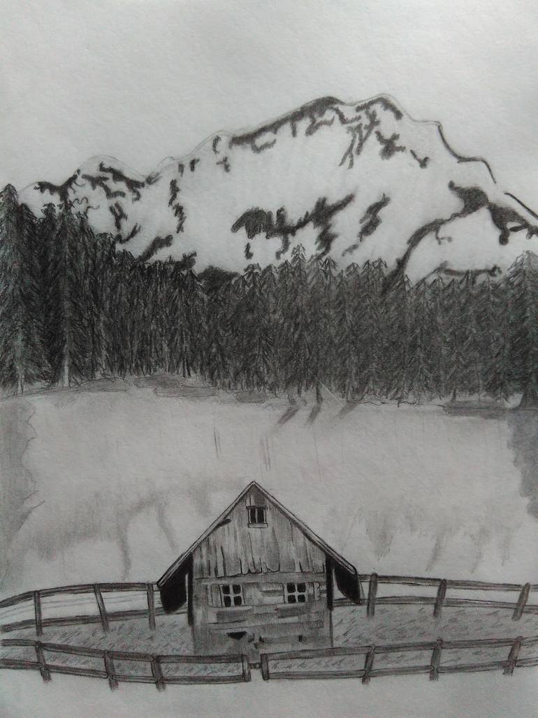 770x1027 House Near Lake And Mountain Drawing - Lake Drawing
