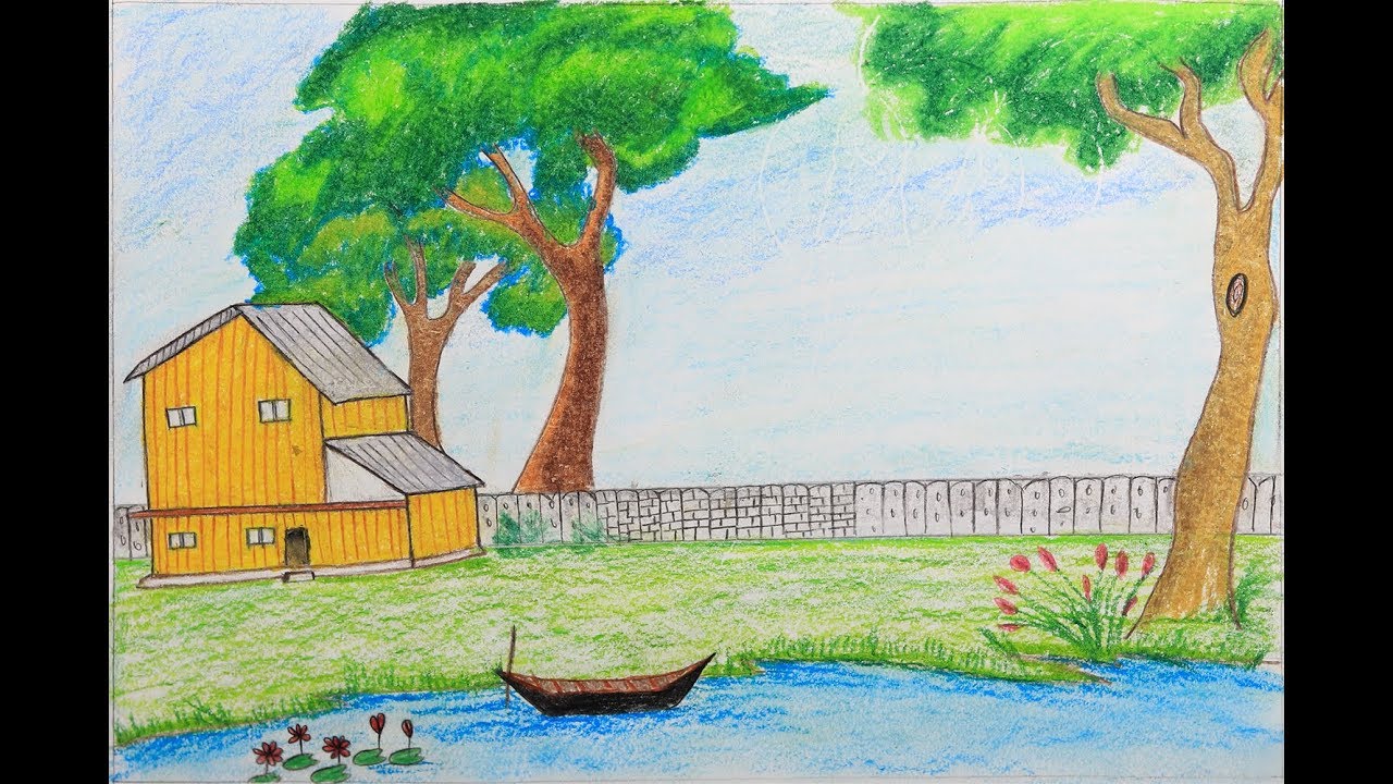 1280x720 How To Draw A Scenery With A House And A Lake Very Easy Drawing - Lake Drawing