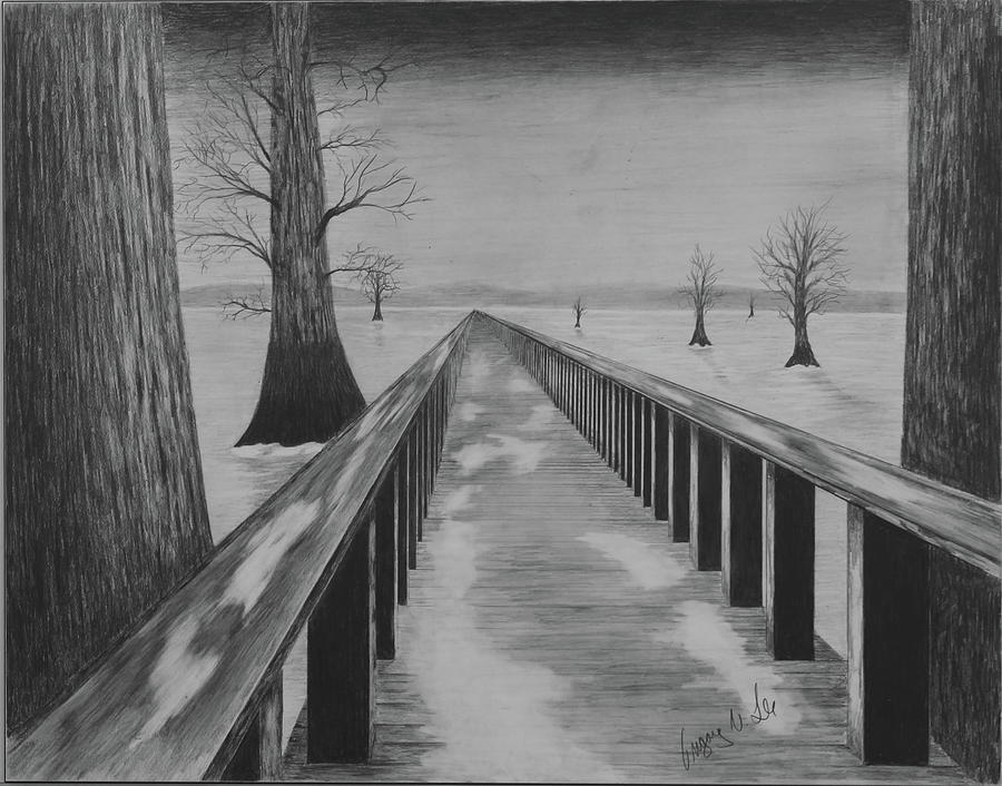 900x706 Bridge Across Frozen Lake Drawing - Lake Drawing