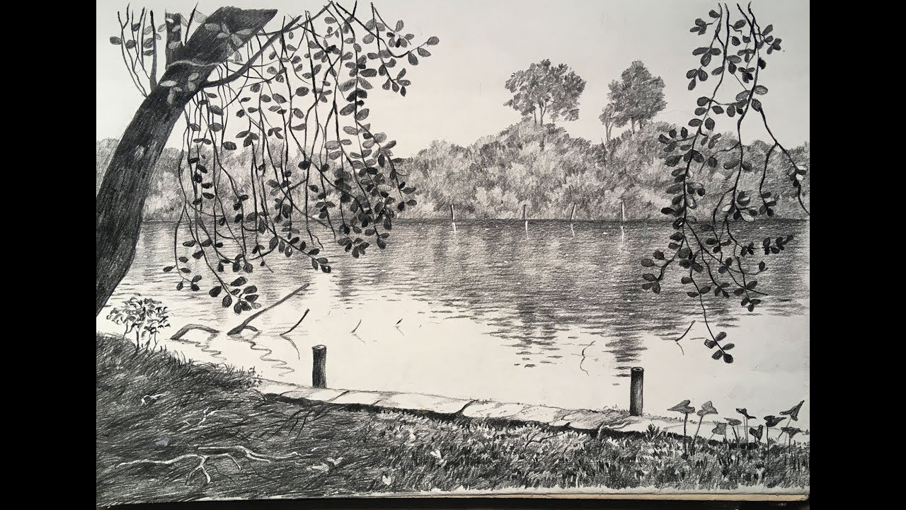1280x720 Easy Pencil Sketch Of A Landscape Trees And Lake Drawing - Lake Drawing
