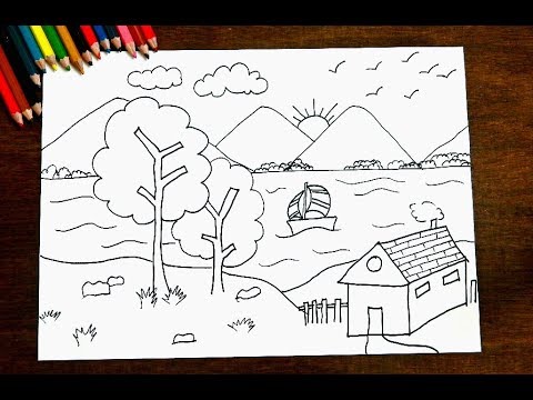 480x360 How To Draw Beautiful Scenery - Lake Line Drawing