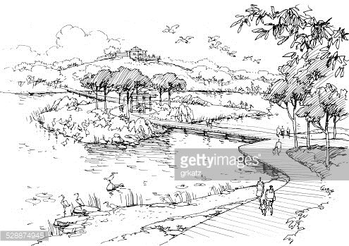 495x349 Lake In The Park Line Drawing Premium Clipart - Lake Line Drawing