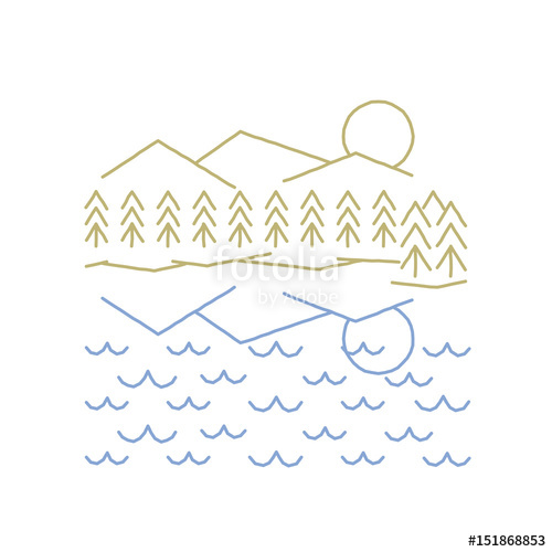 500x500 mountains trees reflected in a lake or ocean in a simple rough - Lake Line Drawing