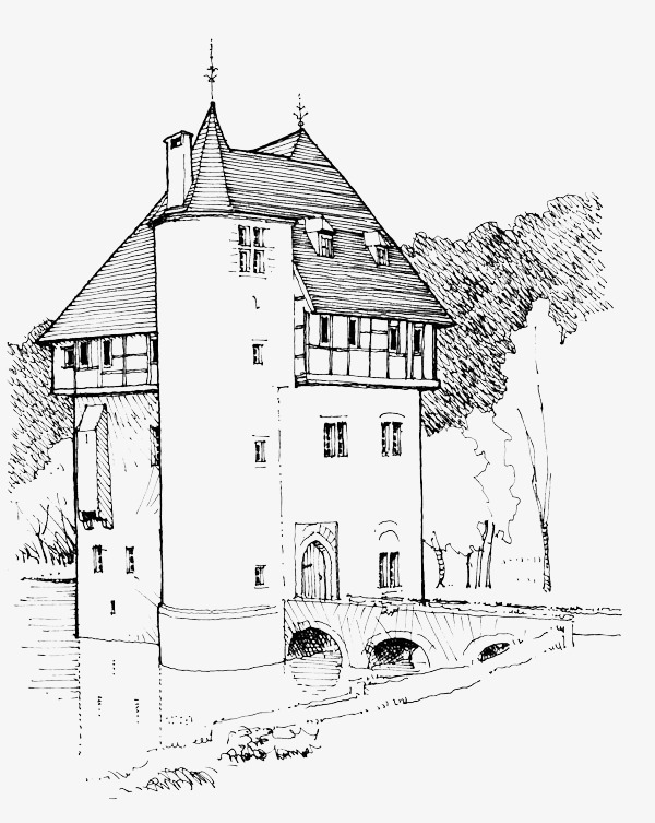 600x753 European Style Building Near The Lake, Hand Painted, Line Drawing - Lake Line Drawing