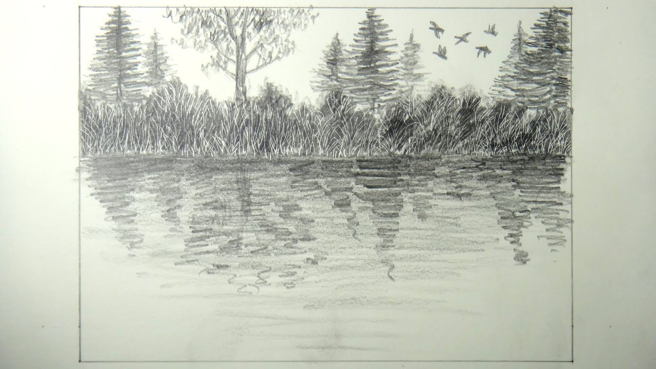 1280x720 How To Draw A Quick Lake View Landscape Using Scratch Technique - Lake Pencil Drawing