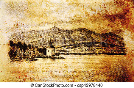 450x296 landcsape scenery with lake, chapel and mountains, pencil drawing - Lake Pencil Drawing