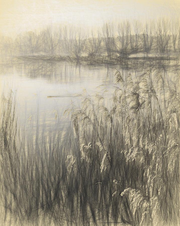 717x900 pencil drawing imge landscape of lake in mist with sun glow - Lake Pencil Drawing