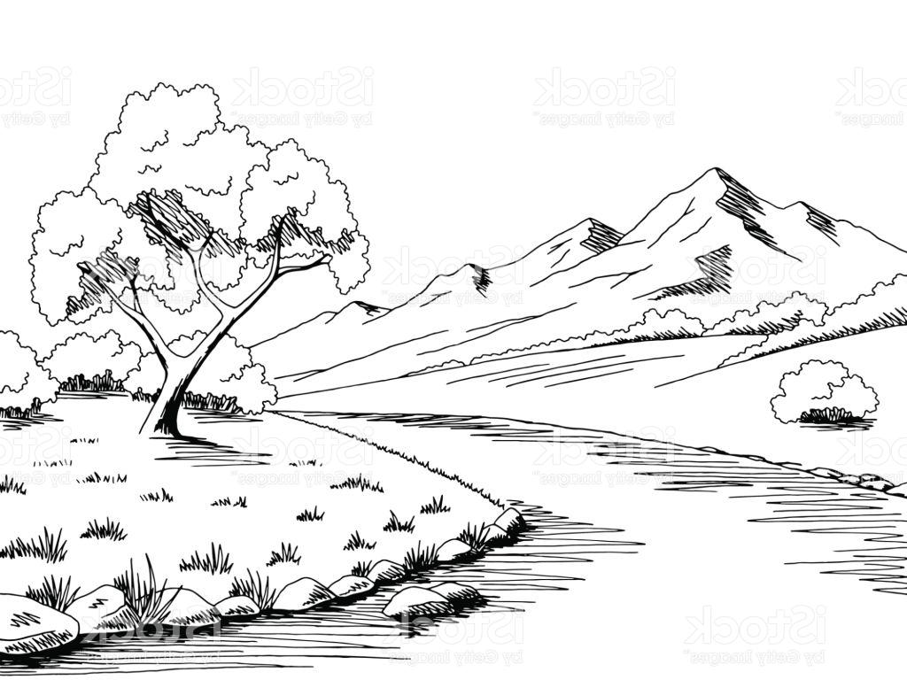 1024x768 Best Mountain River Graphic Black White Landscape Sketch - Landscape Black And White Drawing