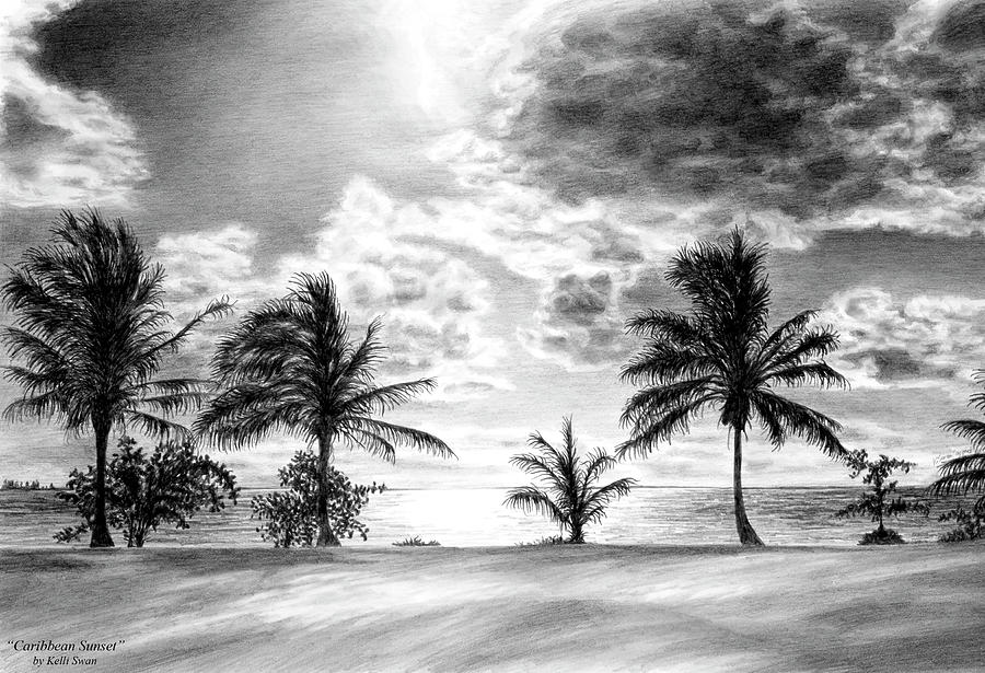 900x615 Black And White Caribbean Sunset Drawing - Landscape Black And White Drawing