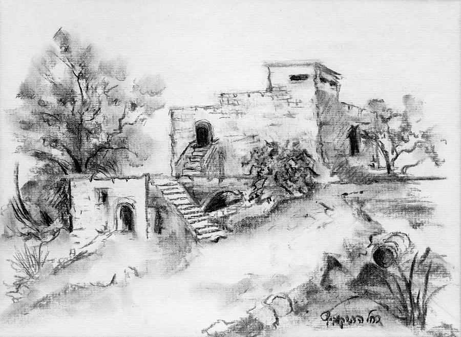 900x658 hirbe landscape in afek black and white old building ruins trees - Landscape Black And White Drawing